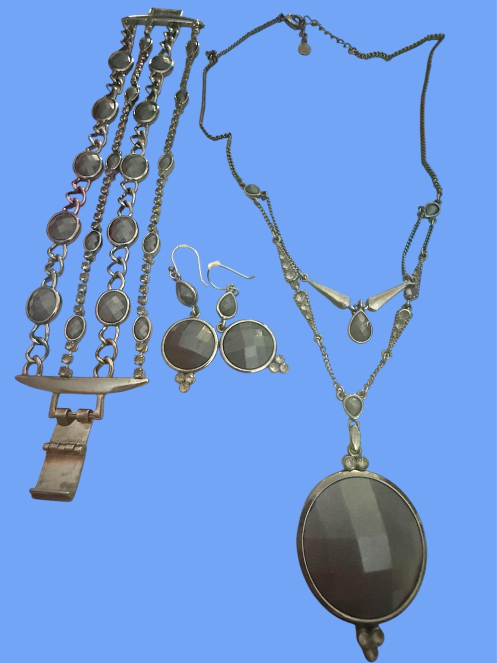 Vintage 3PC Gray Statement Jewelry Set Necklace Bracelet Earrings
